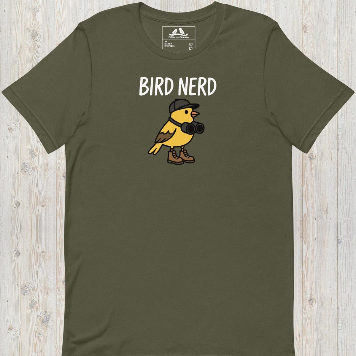Olive green cute bird nerd t-shirt with a yellow cartoon bird graphic and Bird Nerd text