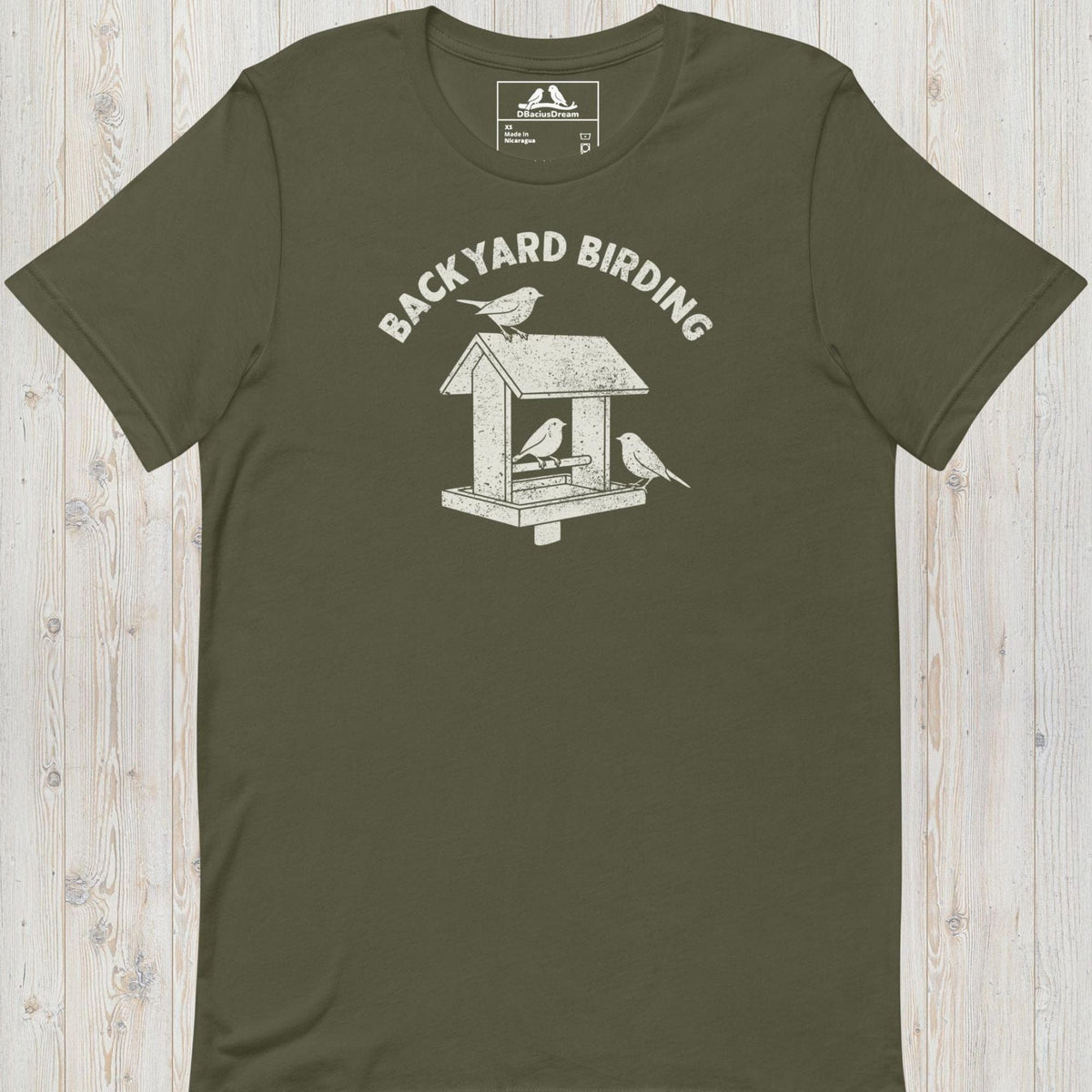 Olive green backyard birding t-shirt with a bird feeder graphic and birds