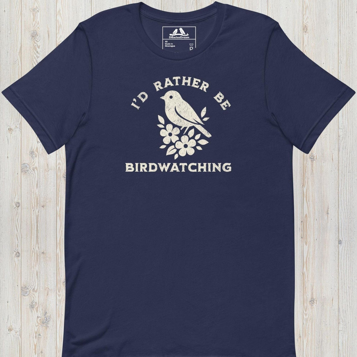 Dark blue I'd Rather Be Birdwatching T-Shirt with vintage bird graphic
