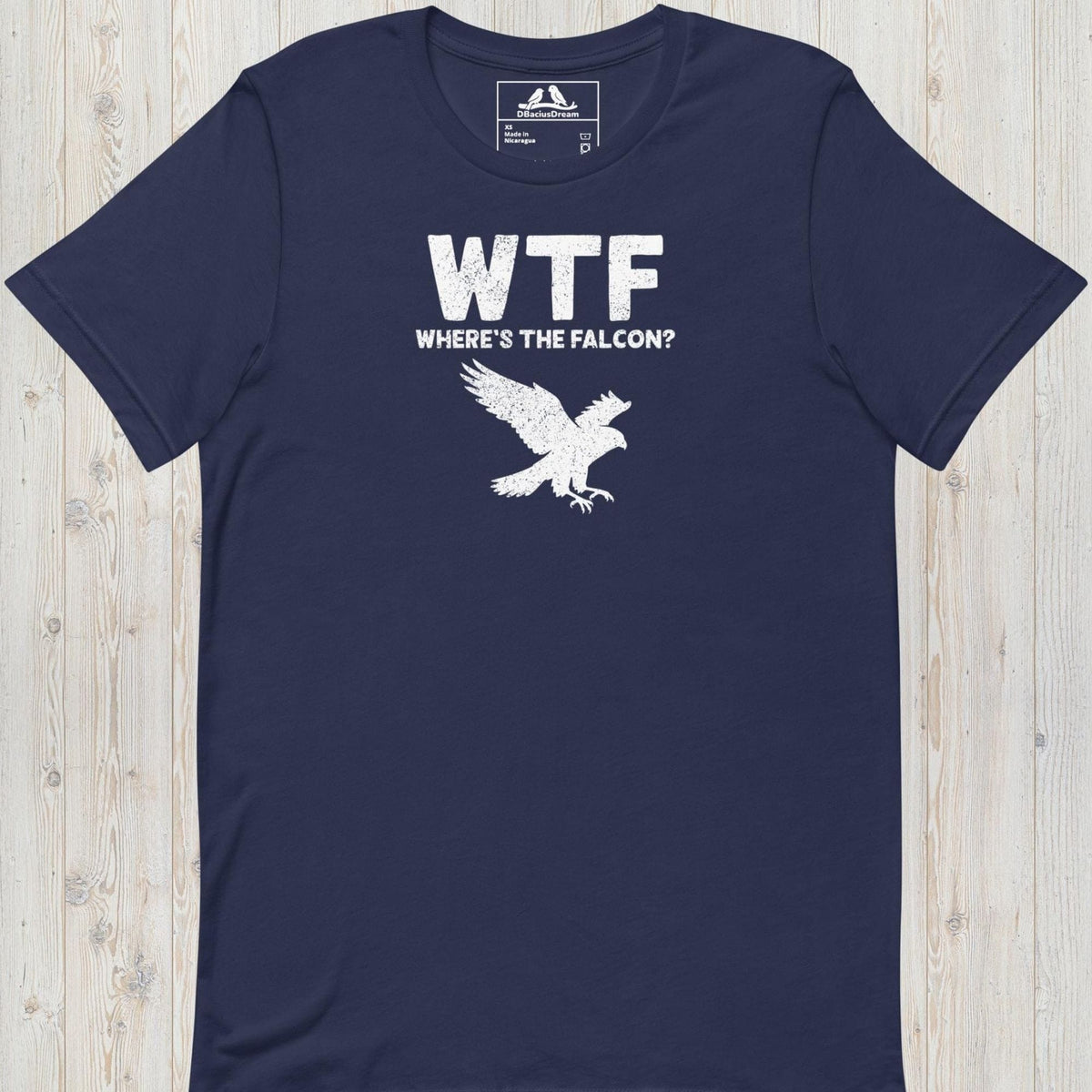 Dark blue funny falcon t-shirt with a white falcon graphic and the quote "WTF Where's The Falcon"
