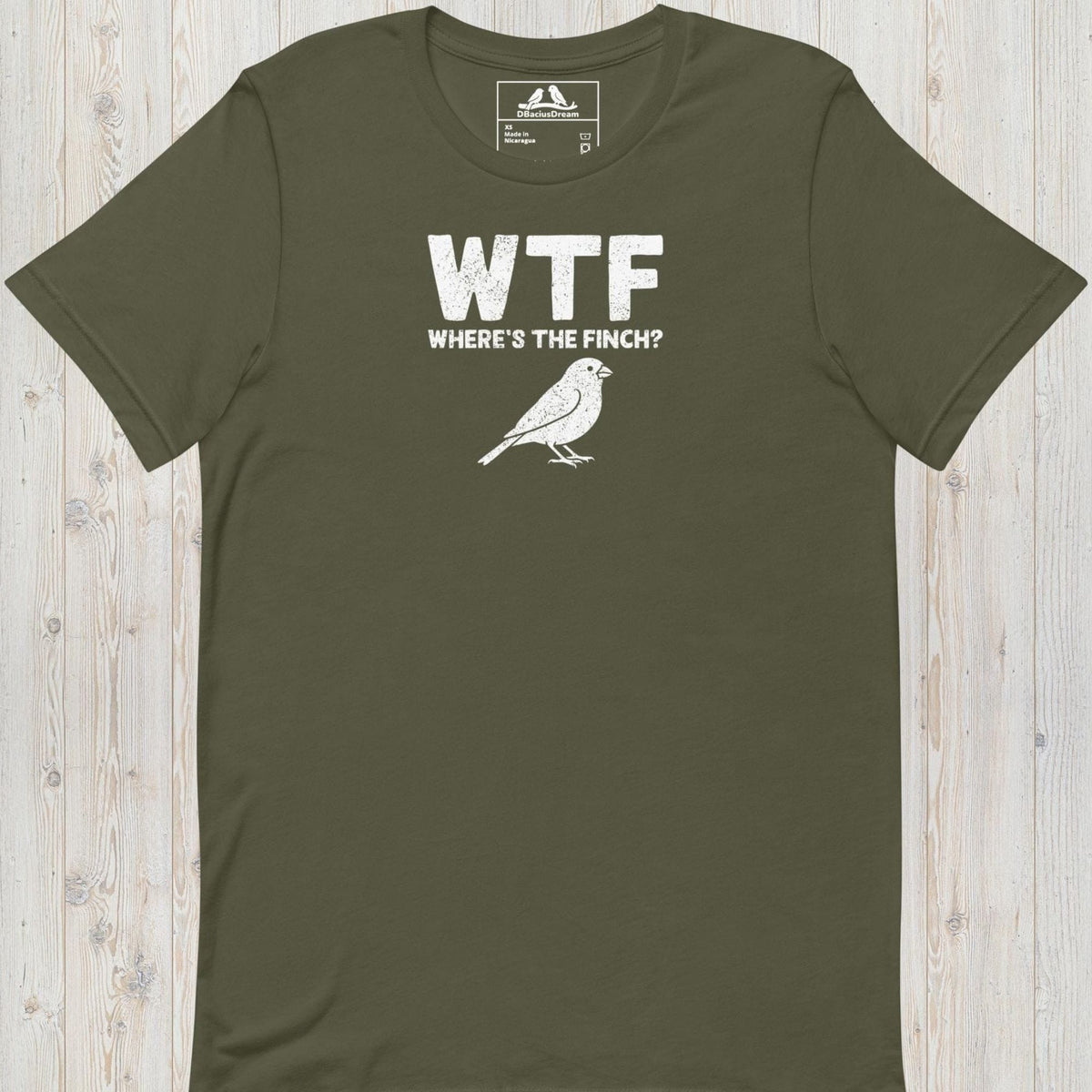 Olive green funny finch t-shirt with a white finch graphic and the quote "WTF Where's The Finch"