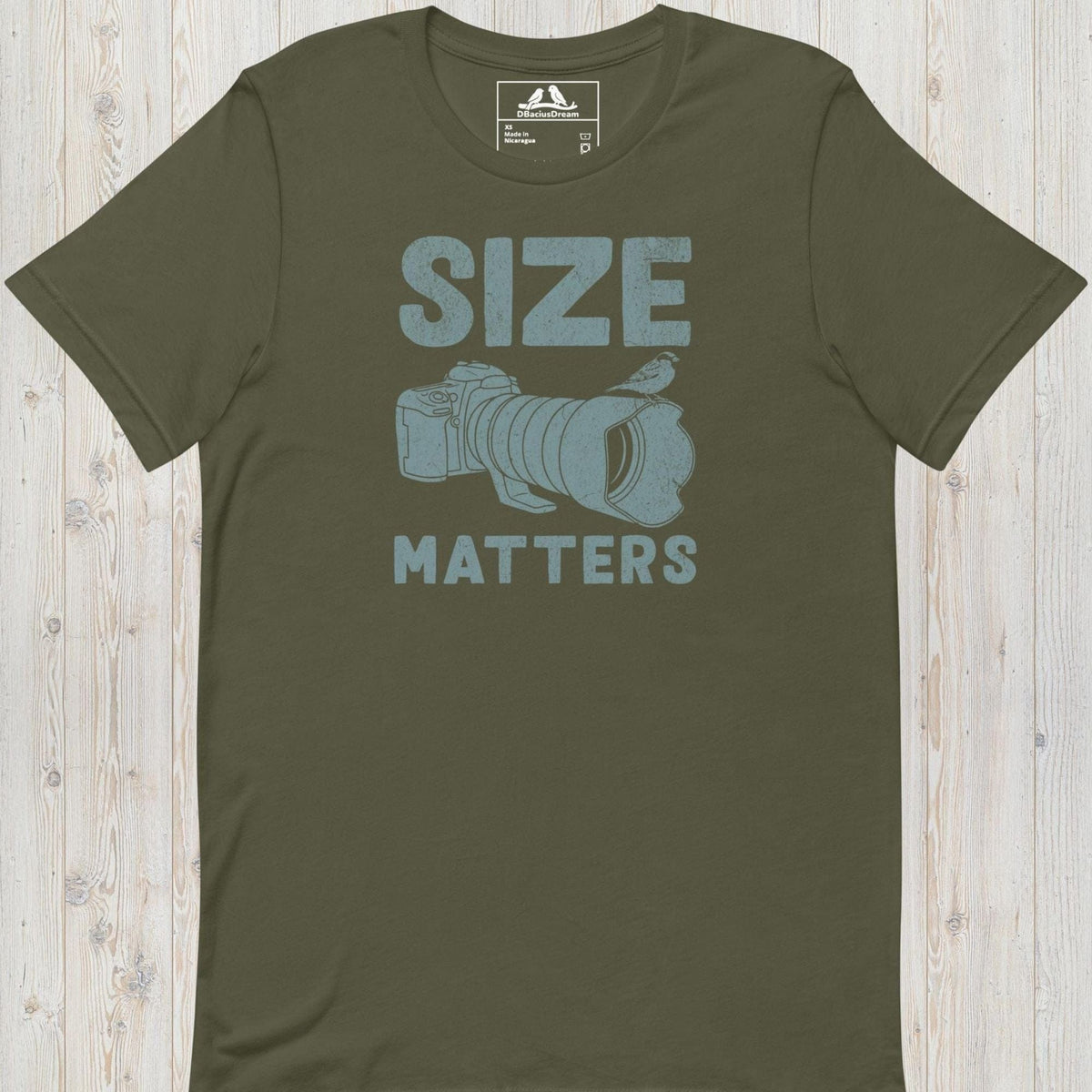 Olive green funny bird photography t-shirt with DSLR camera, large telephoto lens, perched bird, and funny "Size Matters" quote