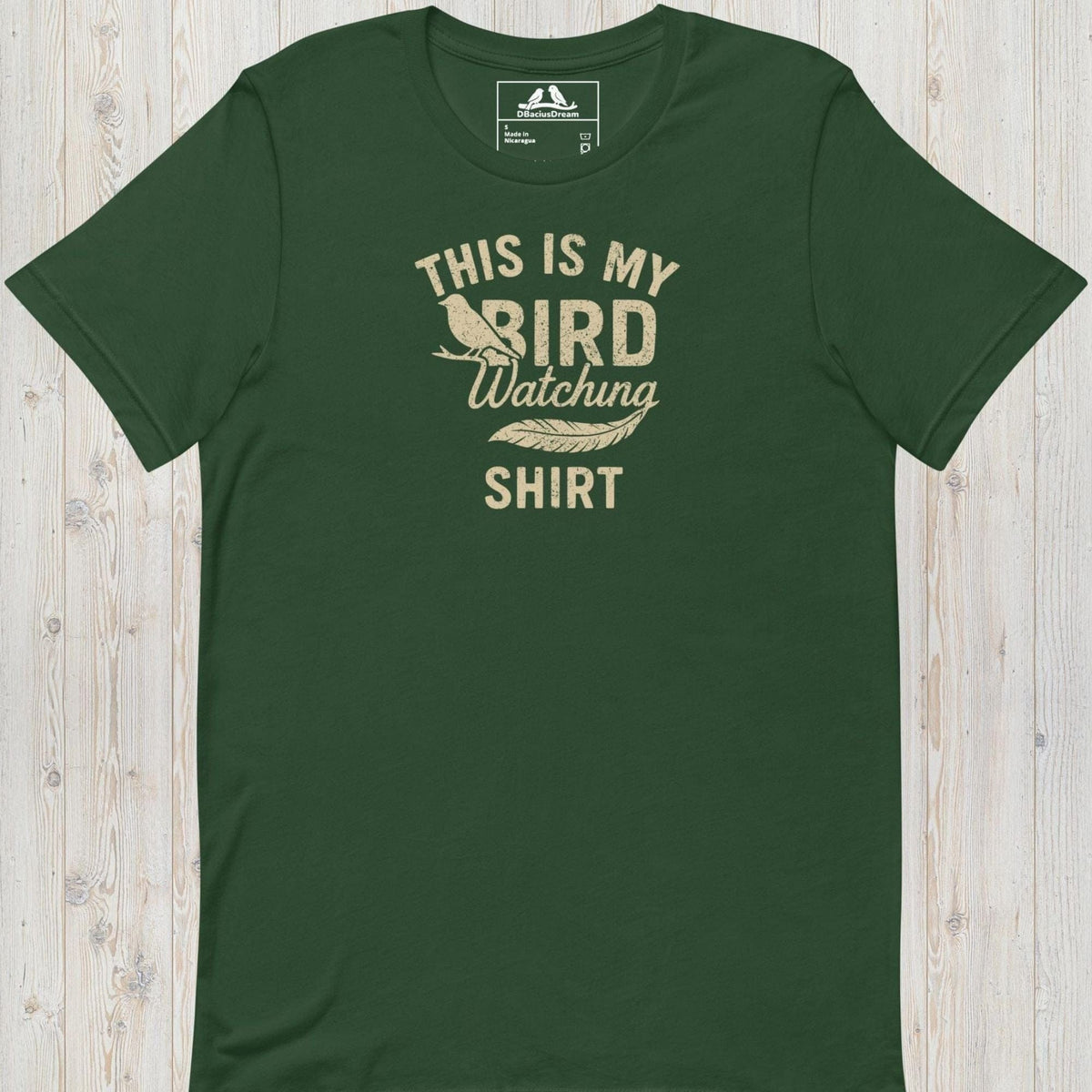 Green birdwatching t-shirt with bird silhouette and the quote "This Is My Bird Watching Shirt"