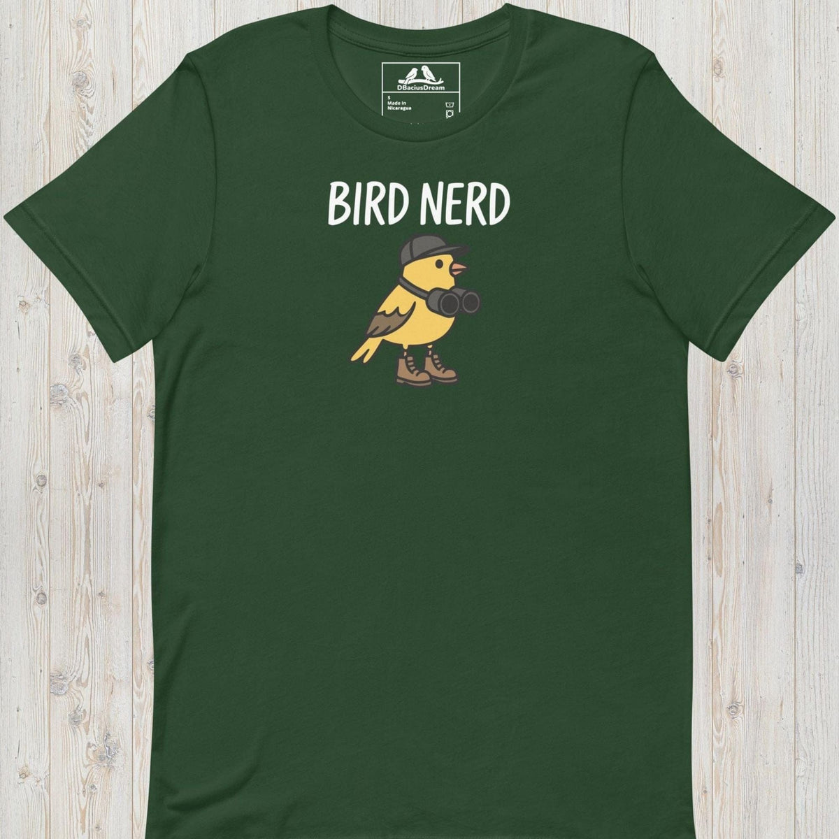 Green cute bird nerd t-shirt with a yellow cartoon bird graphic and Bird Nerd text