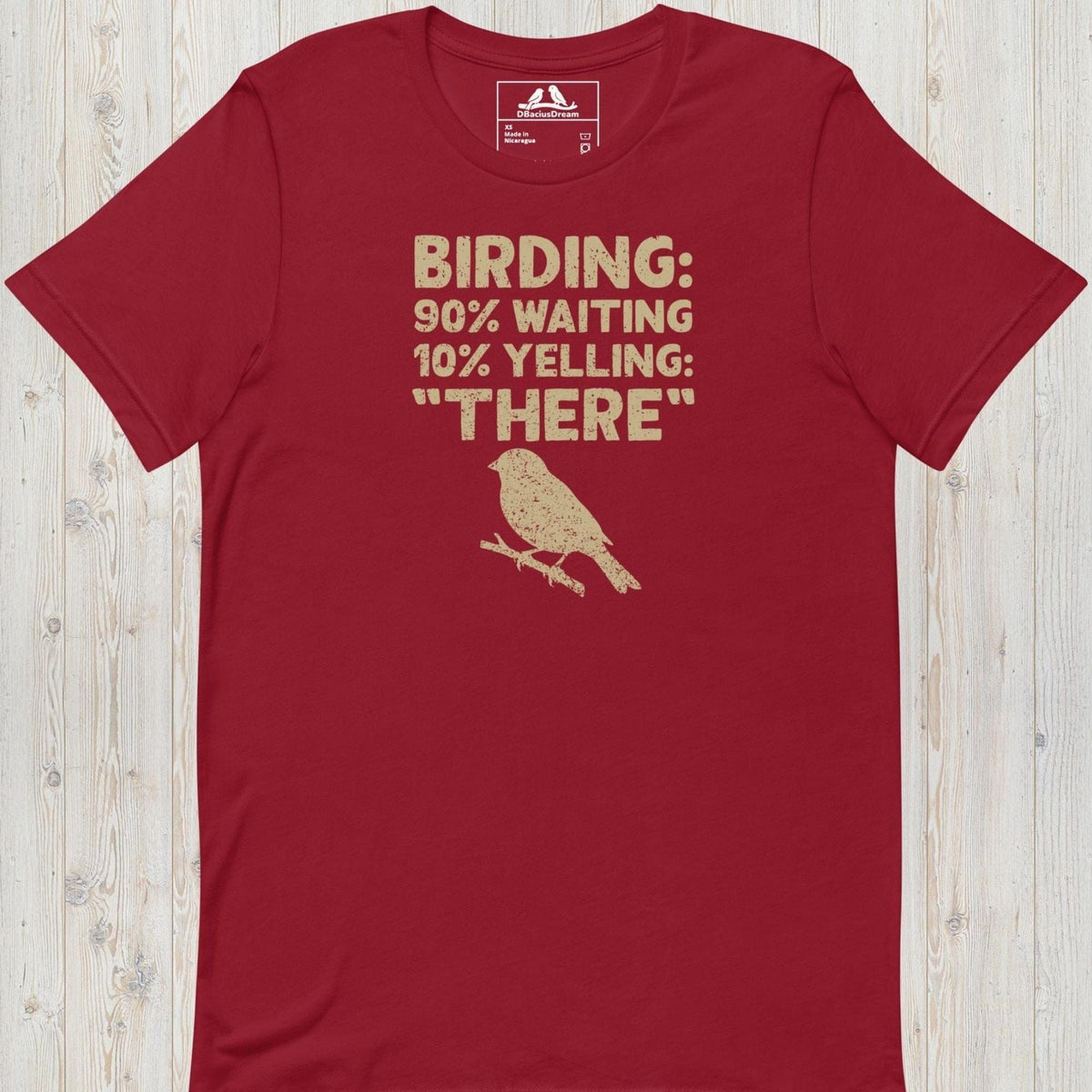 Red funny birdwatching t-shirt with bird silhouette and "Birding 90% Waiting 10% Yelling THERE" text