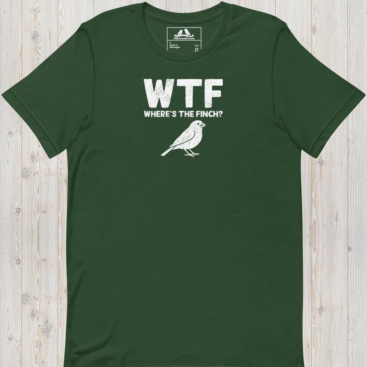 Green funny finch t-shirt with a white finch graphic and the quote "WTF Where's The Finch"