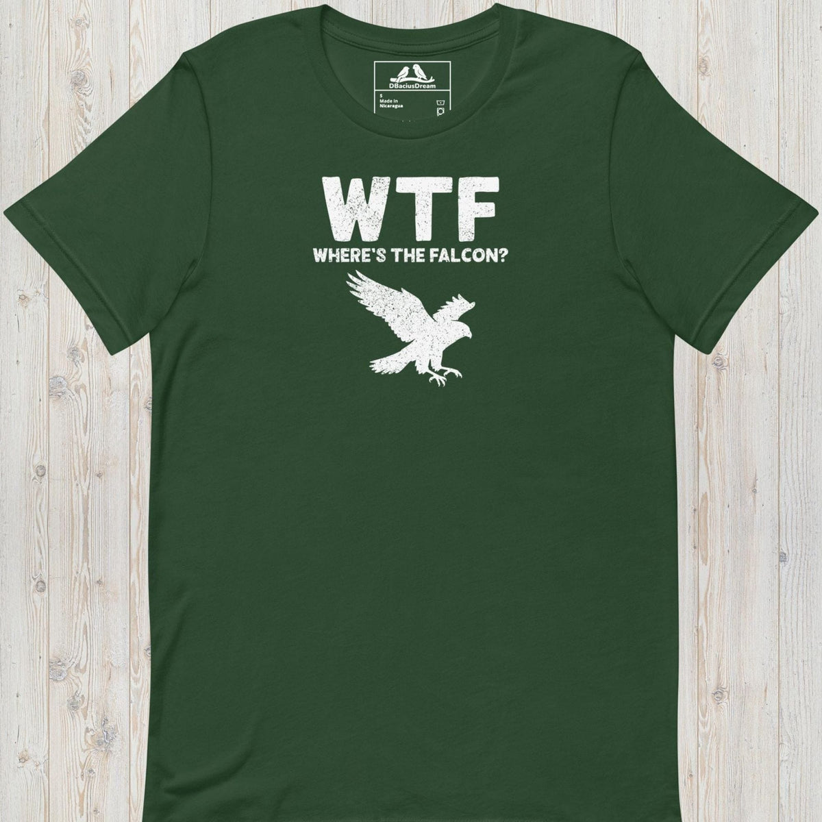 Green funny falcon t-shirt with a white falcon graphic and the quote "WTF Where's The Falcon"