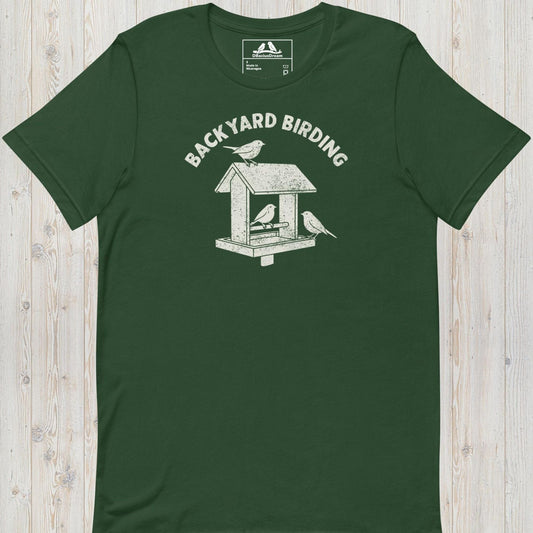 Green backyard birding t-shirt with a bird feeder graphic and birds