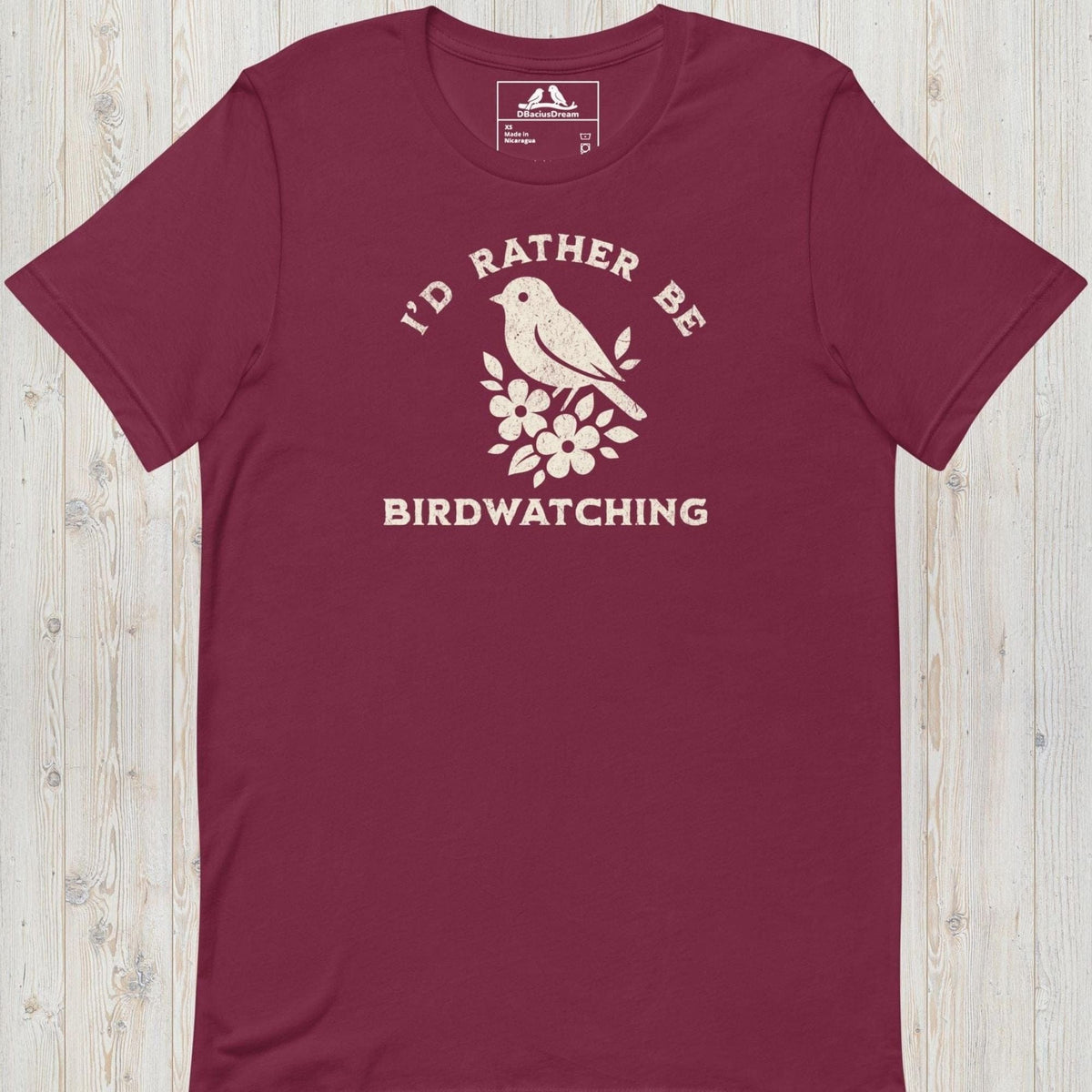 Maroon I'd Rather Be Birdwatching T-Shirt with vintage bird graphic