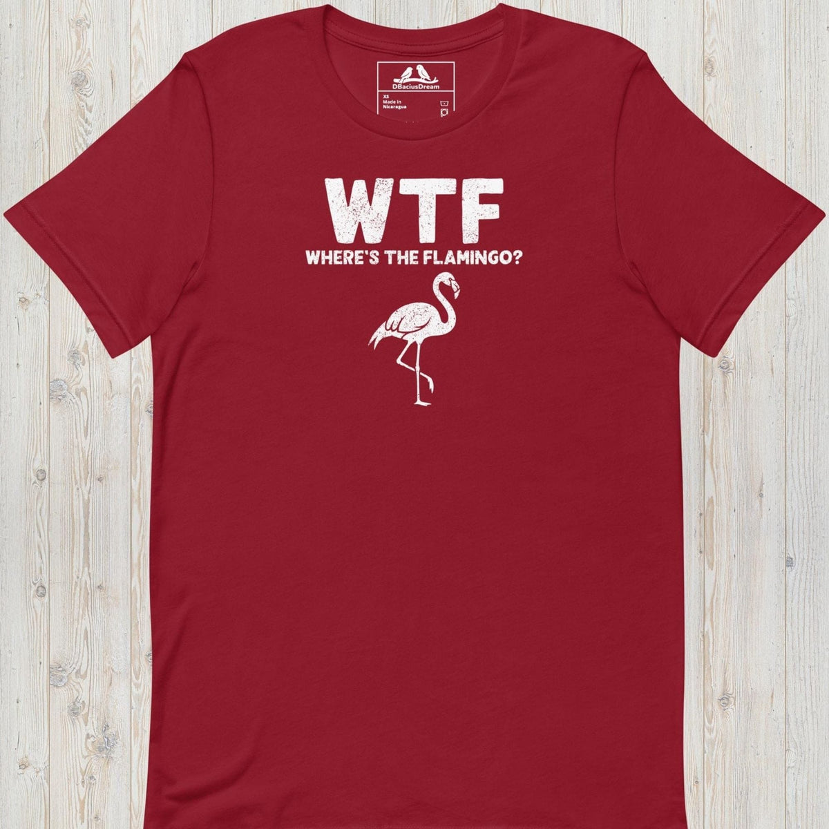 Red funny flamingo t-shirt with a white flamingo graphic and the quote "WTF Where's The Flamingo"