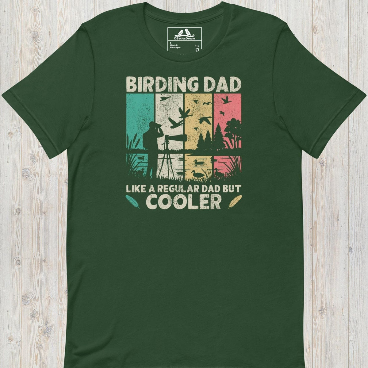 Green birding dad t-shirt featuring a vintage birdwatching graphic and the quote "Birding Dad Like a Regular Dad But Cooler"