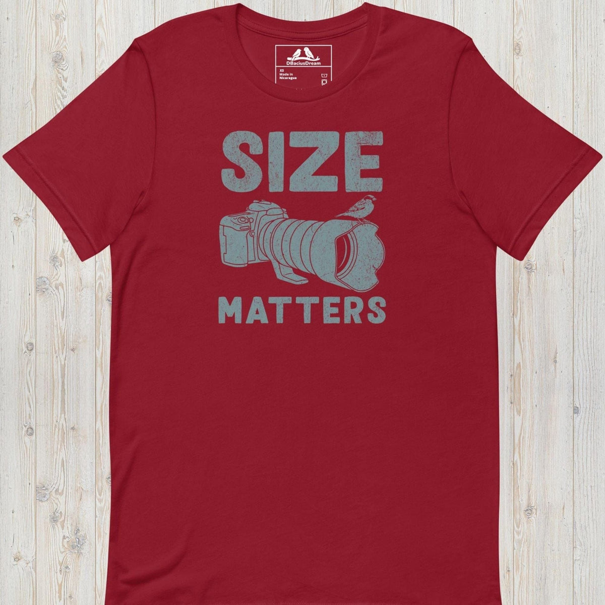 Red funny bird photography t-shirt with DSLR camera, large telephoto lens, perched bird, and funny "Size Matters" quote