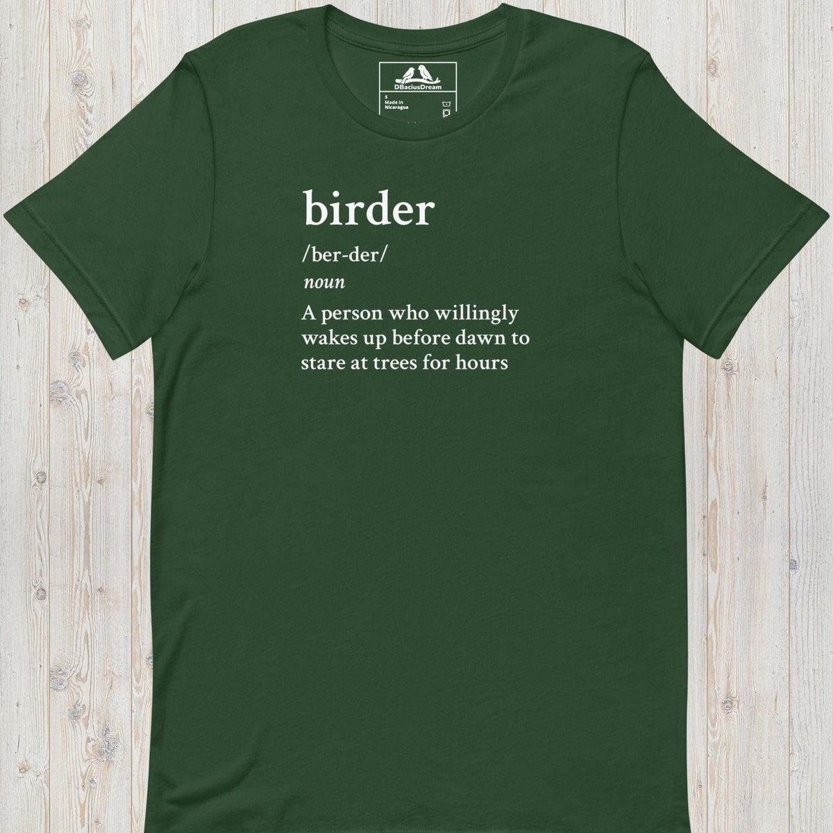 Green funny birder definition t-shirt with dictionary-style birder quote in white text