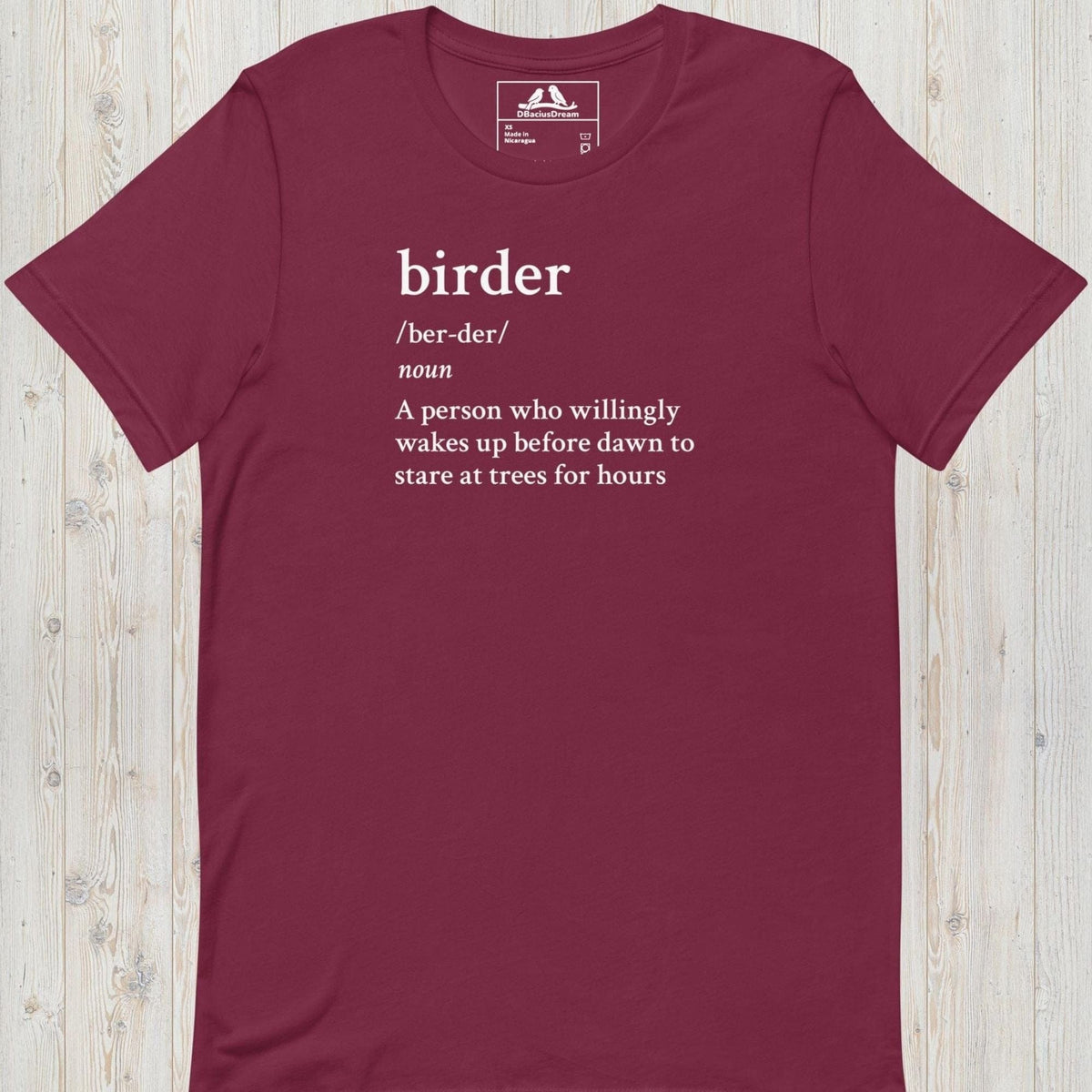 Maroon funny birder definition t-shirt with dictionary-style birder quote in white text