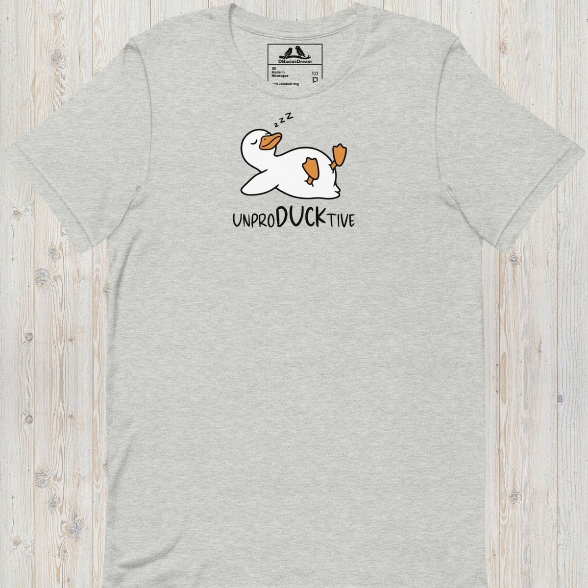 Gray funny duck t-shirt featuring a lazy duck lying on its back and the text "UnproDUCKtive"