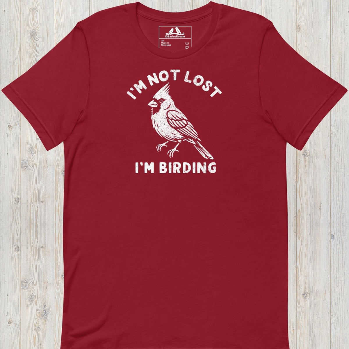 Red funny birding t-shirt featuring a northern cardinal and "I'm Not Lost I'm Birding" text