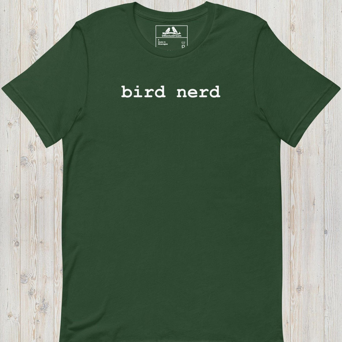 Green minimalistic bird nerd t-shirt with simple white bird nerd text design