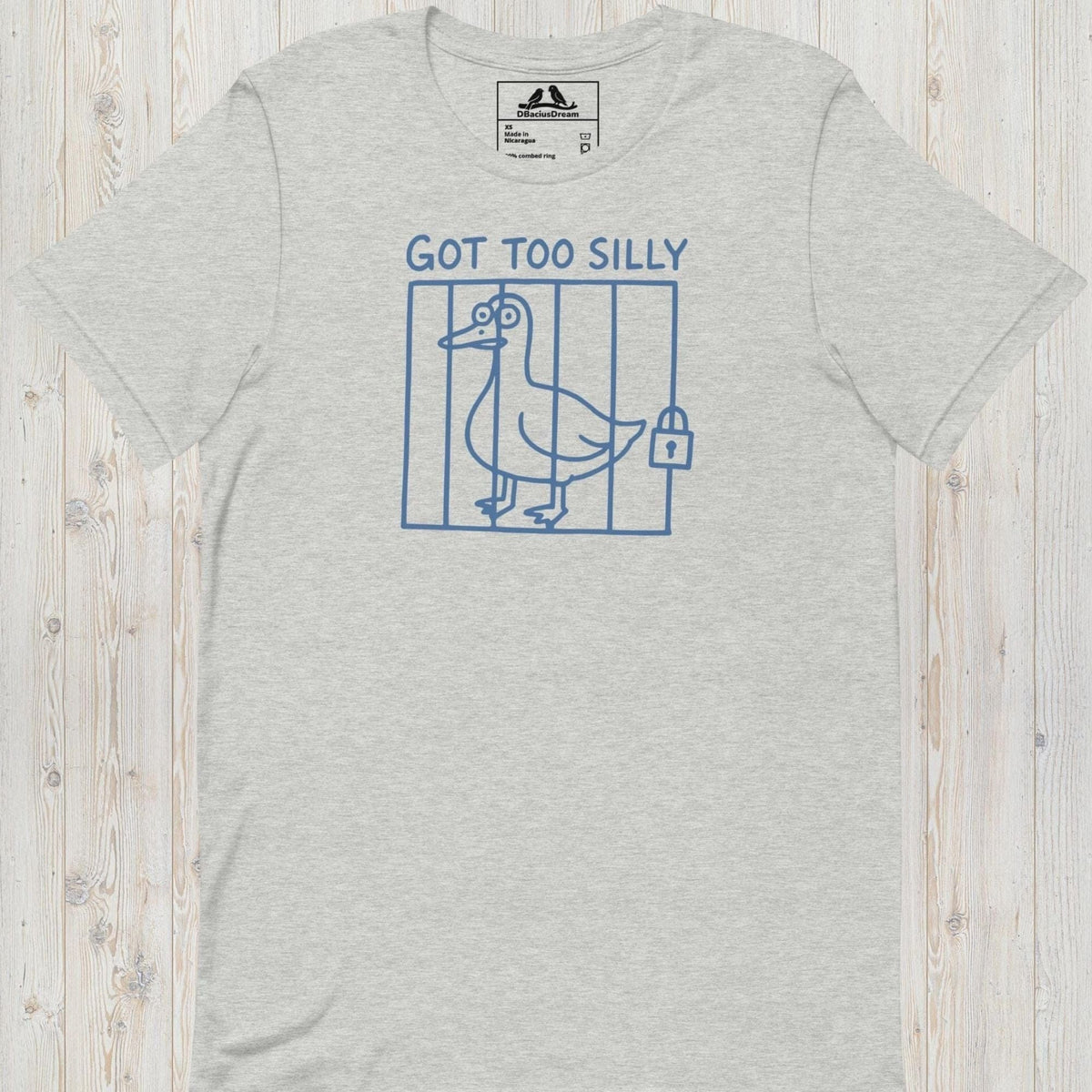 Gray got too silly funny goose t-shirt with a minimalist goose illustration behind bars and the quote "Got Too Silly"