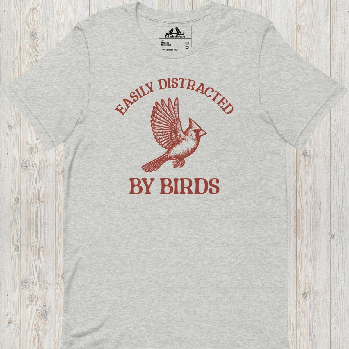 Gray Easily Distracted By Birds T-Shirt with vintage flying bird graphic and text design