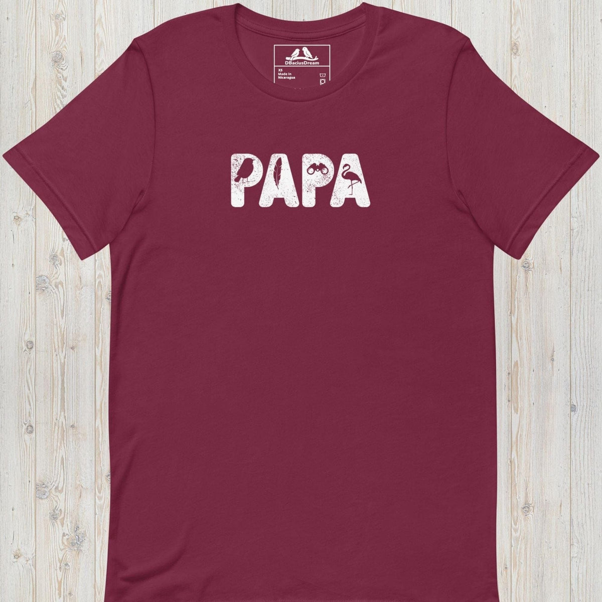 Maroon Papa Birding T-Shirt with large papa text and birding elements