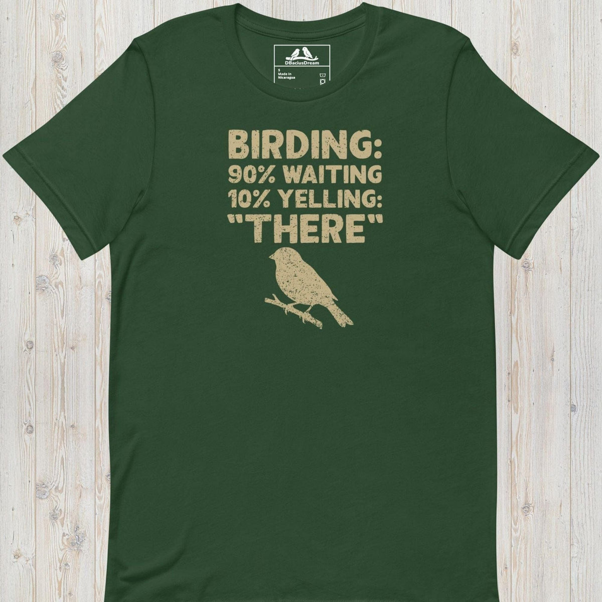 Green funny birdwatching t-shirt with bird silhouette and "Birding 90% Waiting 10% Yelling THERE" text