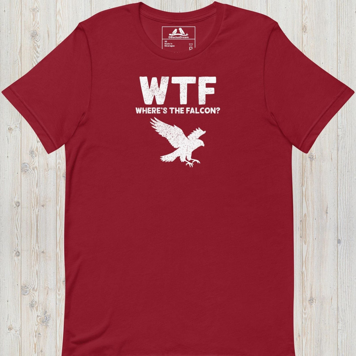 Red funny falcon t-shirt with a white falcon graphic and the quote "WTF Where's The Falcon"