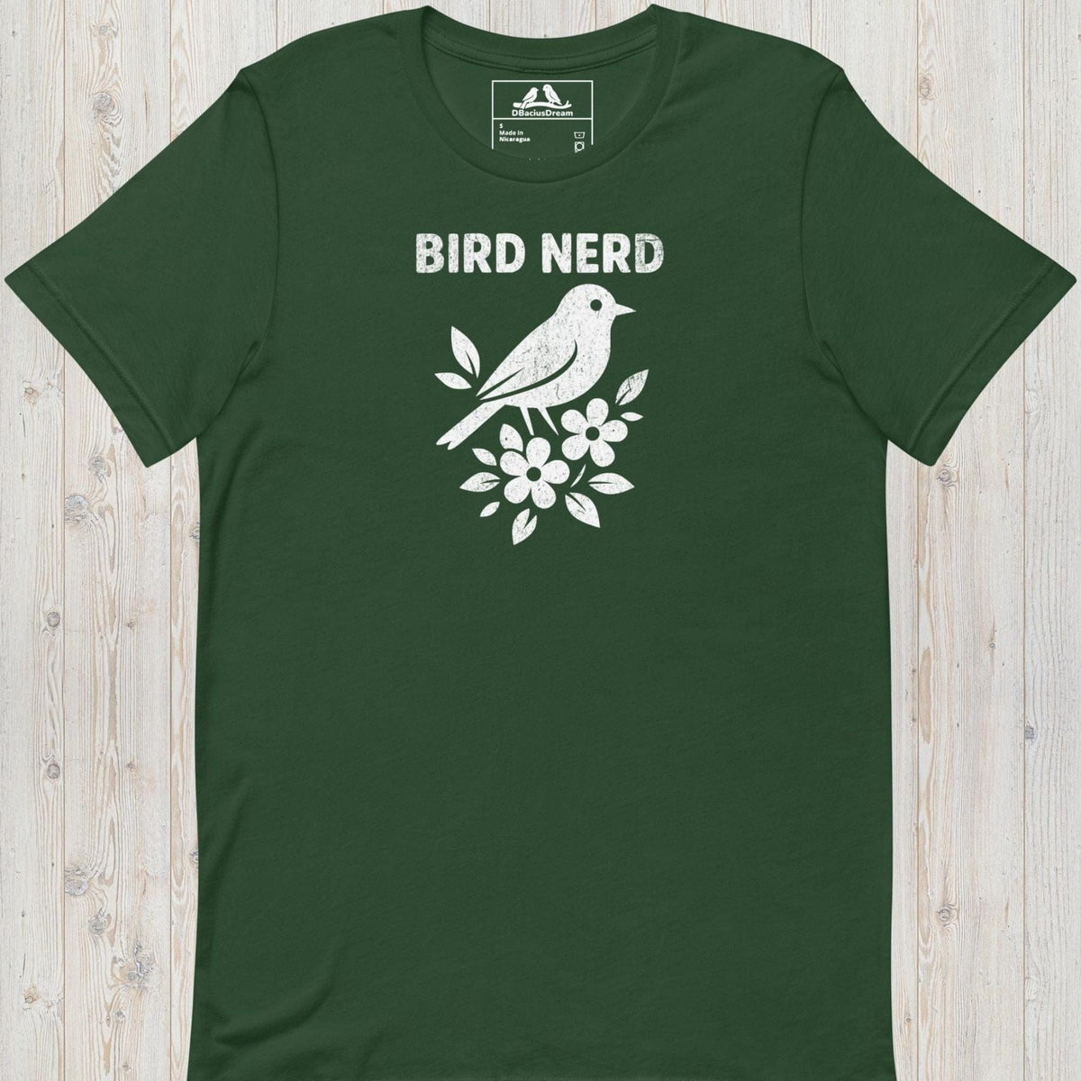 Green vintage bird nerd t-shirt featuring a simple white bird graphic and Bird Nerd text