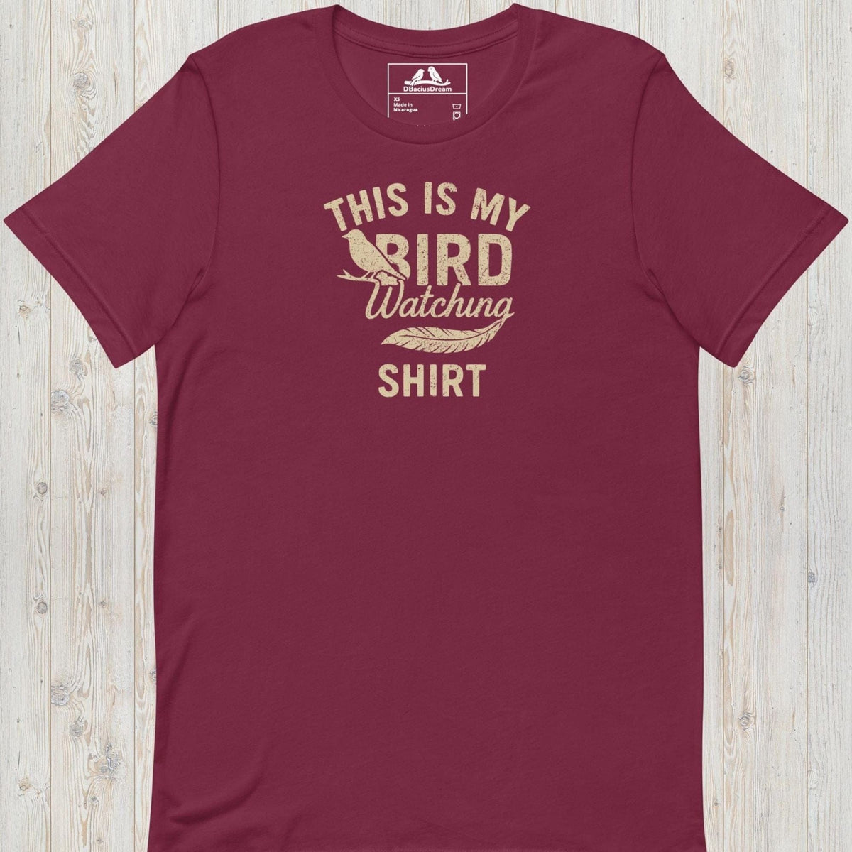 Maroon birdwatching t-shirt with bird silhouette and the quote "This Is My Bird Watching Shirt"