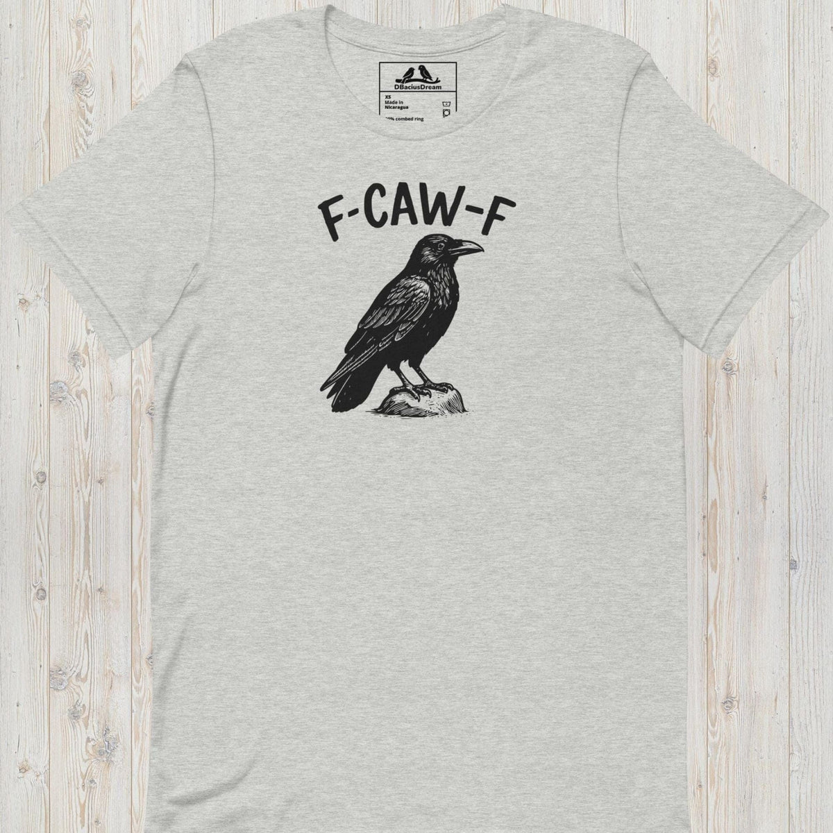 Gray funny crow t-shirt with a crow graphic and the humorous quote "F-Caw-F"