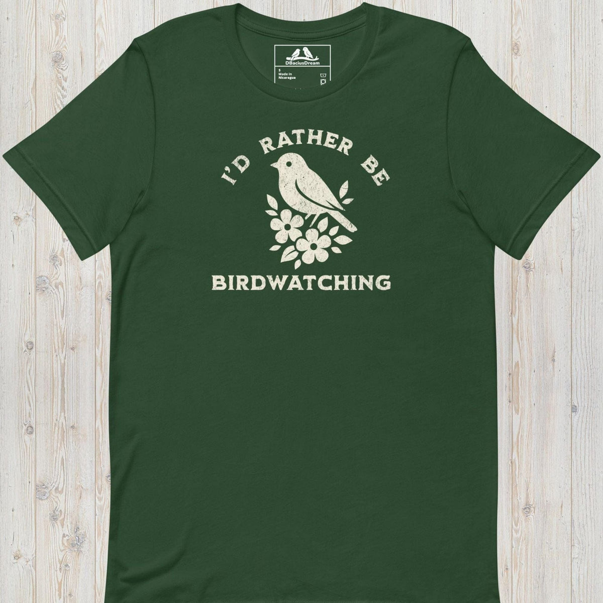 Green I'd Rather Be Birdwatching T-Shirt with vintage bird graphic