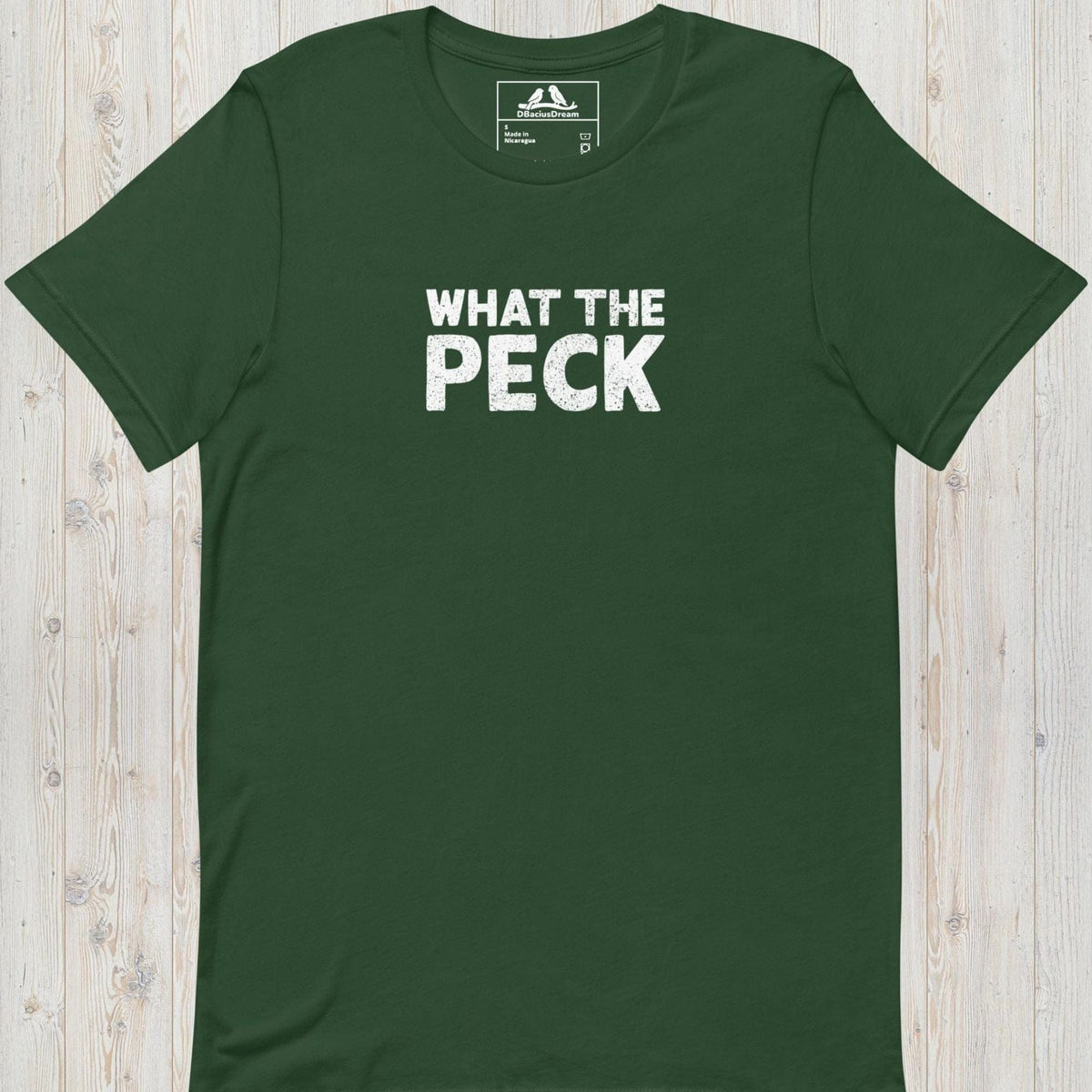 Green bird pun t-shirt with "What The Peck" funny quote text design