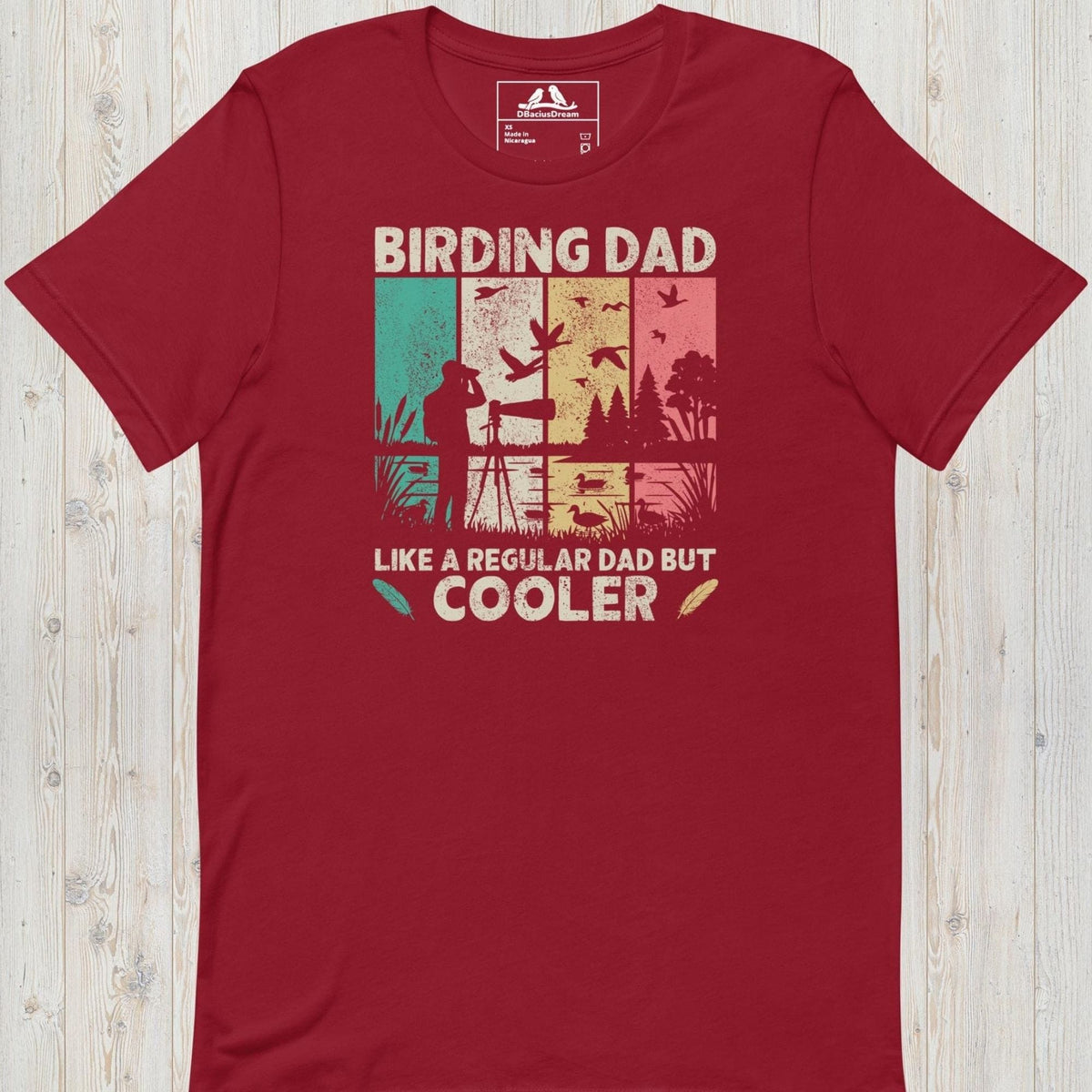 Red birding dad t-shirt featuring a vintage birdwatching graphic and the quote "Birding Dad Like a Regular Dad But Cooler"