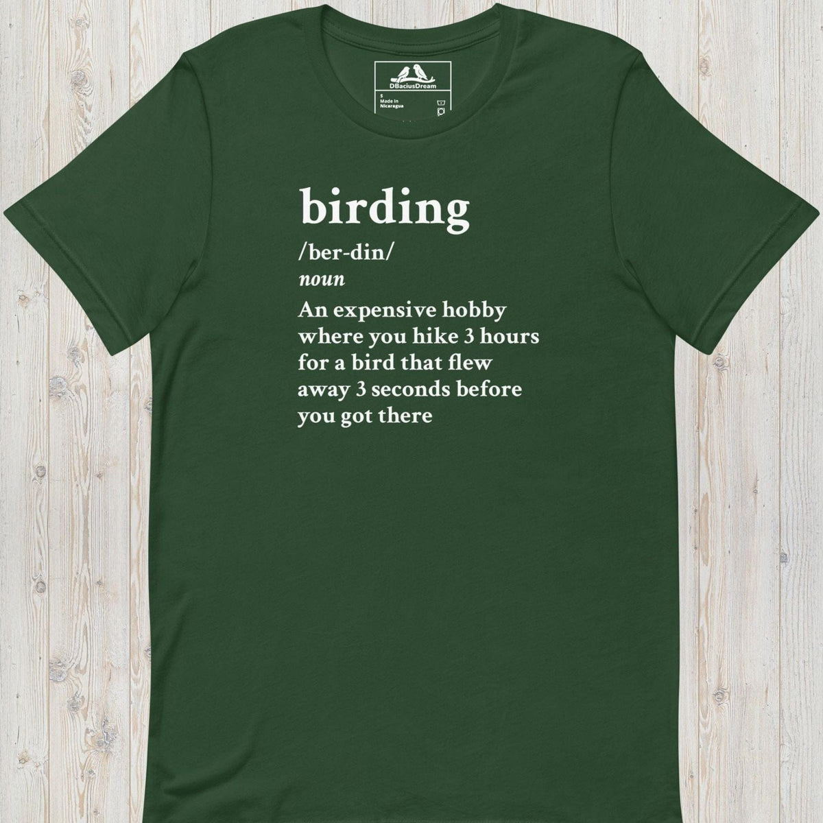 Green funny birding definition t-Shirt with dictionary-style birding quote in white text