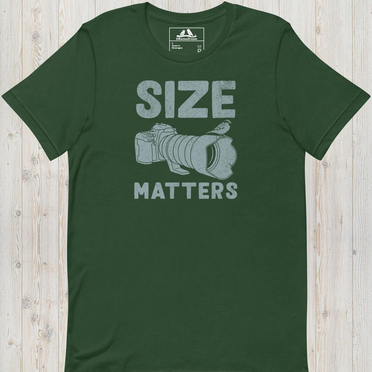 Green funny bird photography t-shirt with DSLR camera, large telephoto lens, perched bird, and funny "Size Matters" quote