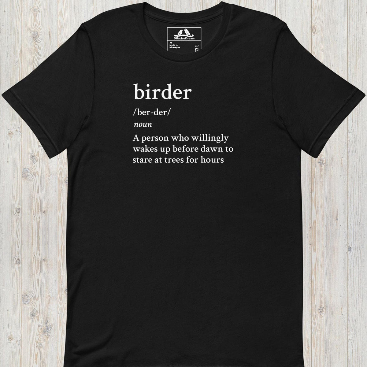 Black funny birder definition t-shirt with dictionary-style birder quote in white text