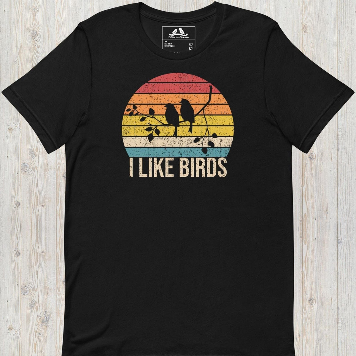 Black I Like Birds graphic t-shirt with sunset bird silhouette design