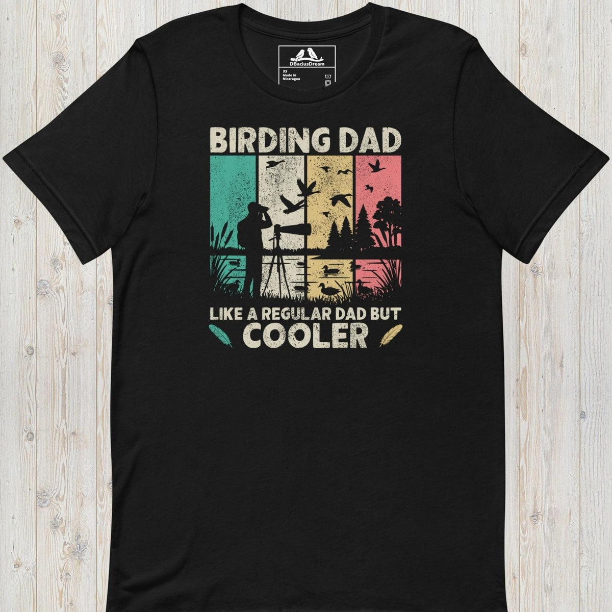 Black birding dad t-shirt featuring a vintage birdwatching graphic and the quote "Birding Dad Like a Regular Dad But Cooler"