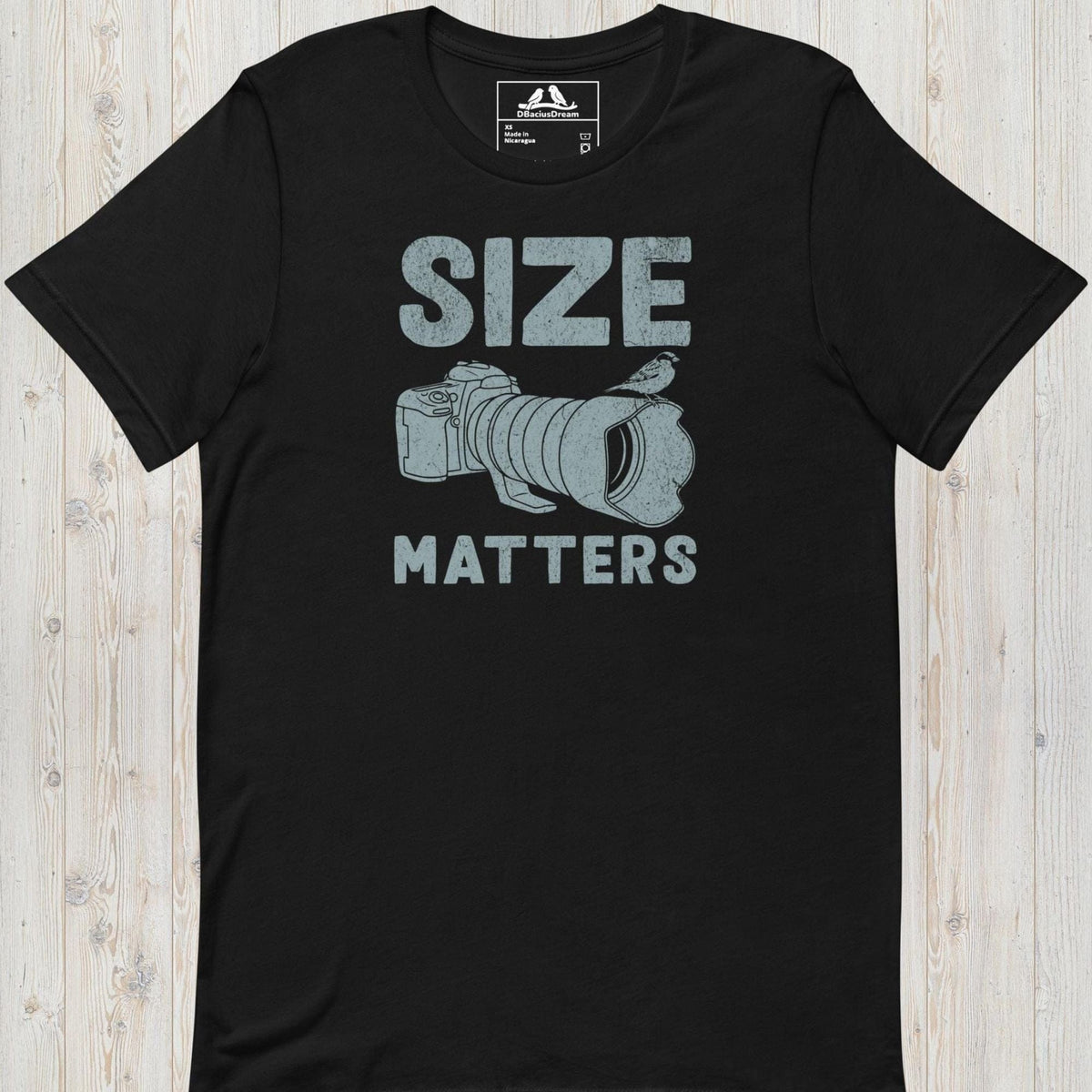 Black funny bird photography t-shirt with DSLR camera, large telephoto lens, perched bird, and funny "Size Matters" quote