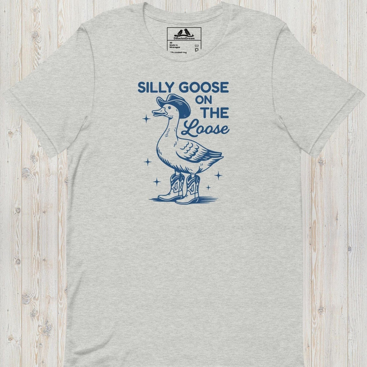 Gray silly goose on the loose t-shirt with a playful goose illustration and the humorous quote "Silly Goose On The Loose"