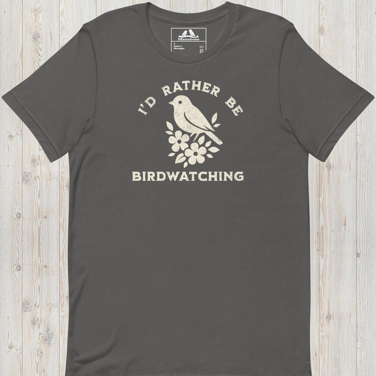 Gray I'd Rather Be Birdwatching T-Shirt with vintage bird graphic