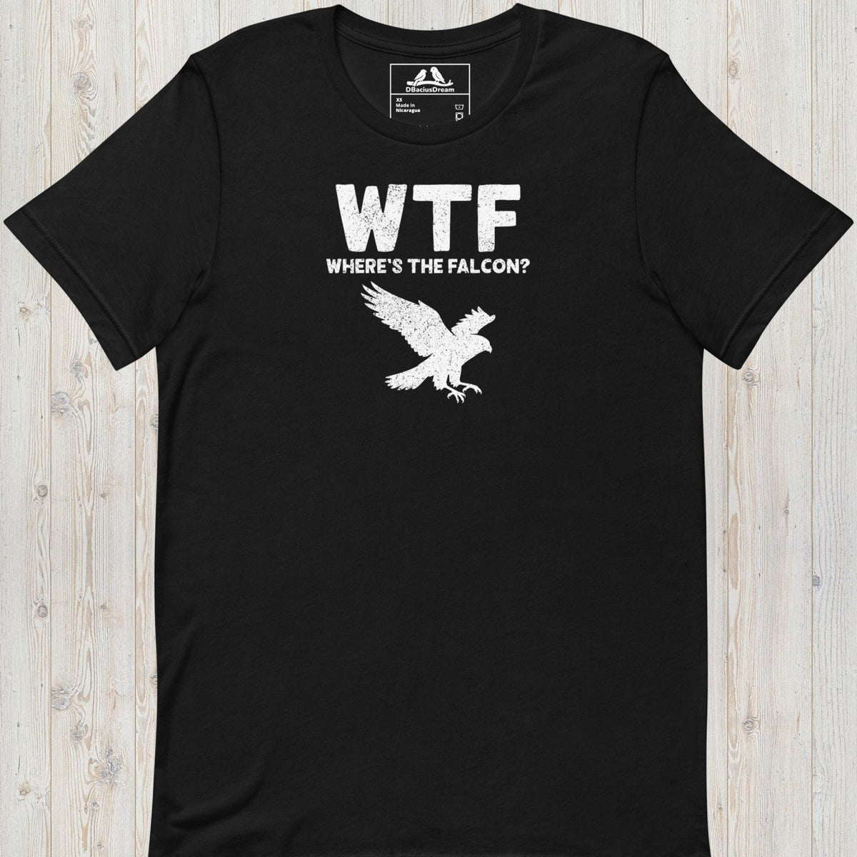 Black funny falcon t-shirt with a white falcon graphic and the quote "WTF Where's The Falcon"