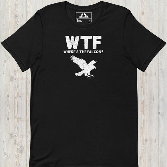 Black funny falcon t-shirt with a white falcon graphic and the quote "WTF Where's The Falcon"