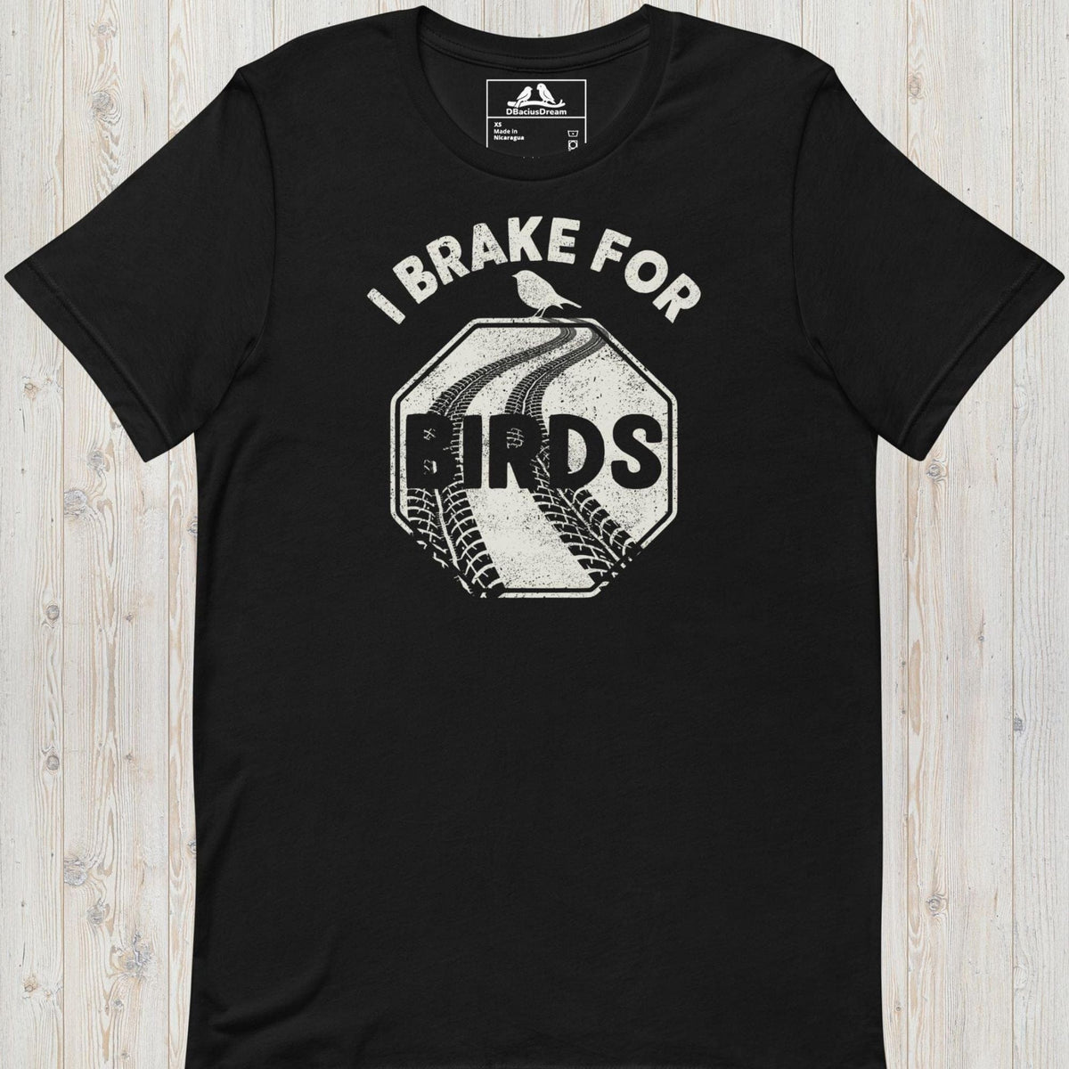 Black I brake for birds t-shirt featuring a distressed road sign graphic