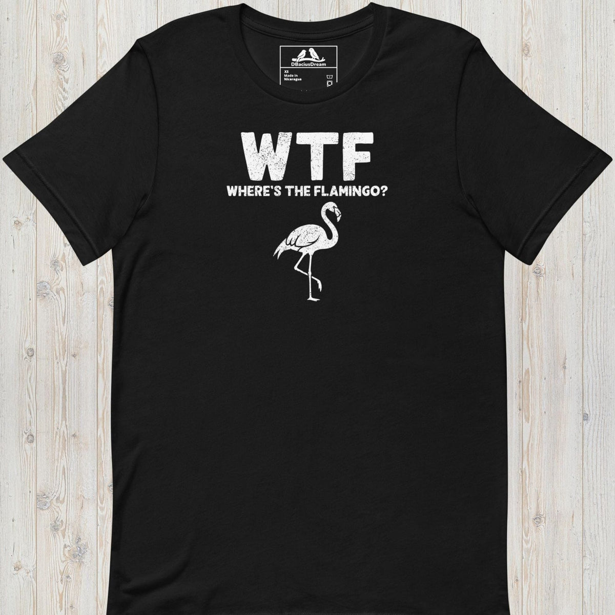 Black funny flamingo t-shirt with a white flamingo graphic and the quote "WTF Where's The Flamingo"
