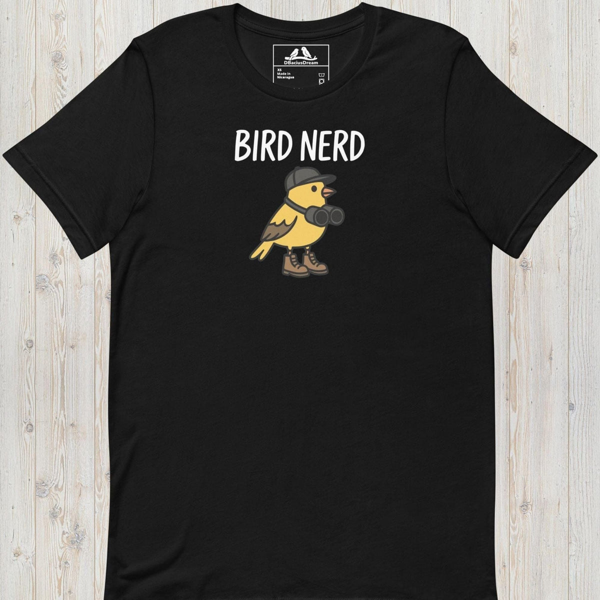 Black cute bird nerd t-shirt with a yellow cartoon bird graphic and Bird Nerd text