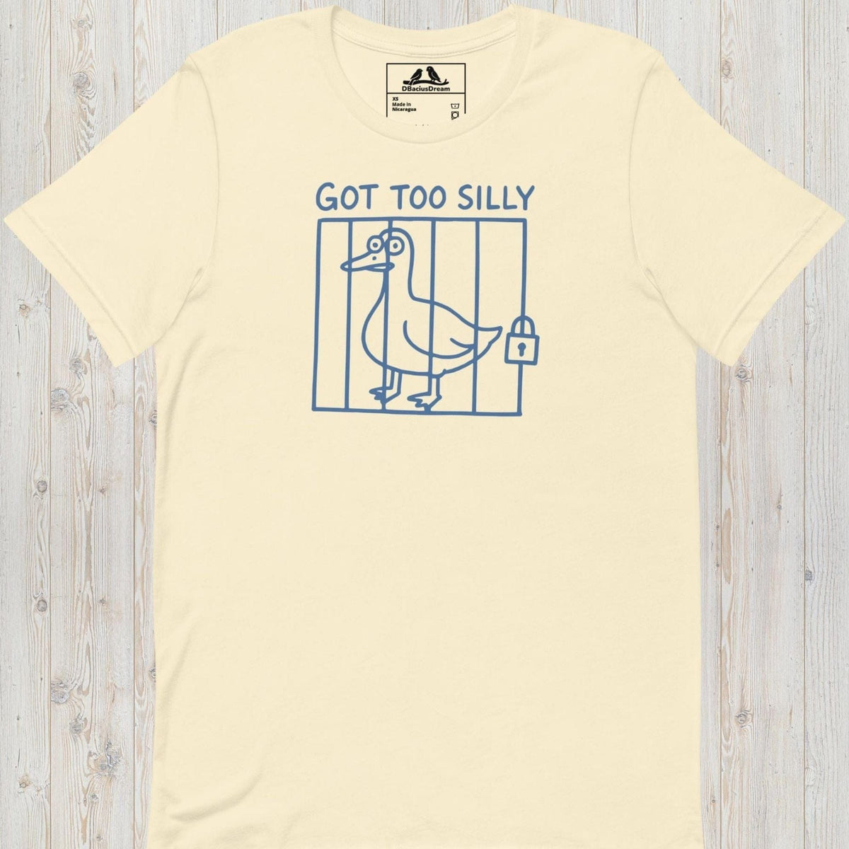 Cream got too silly funny goose t-shirt with a minimalist goose illustration behind bars and the quote "Got Too Silly"