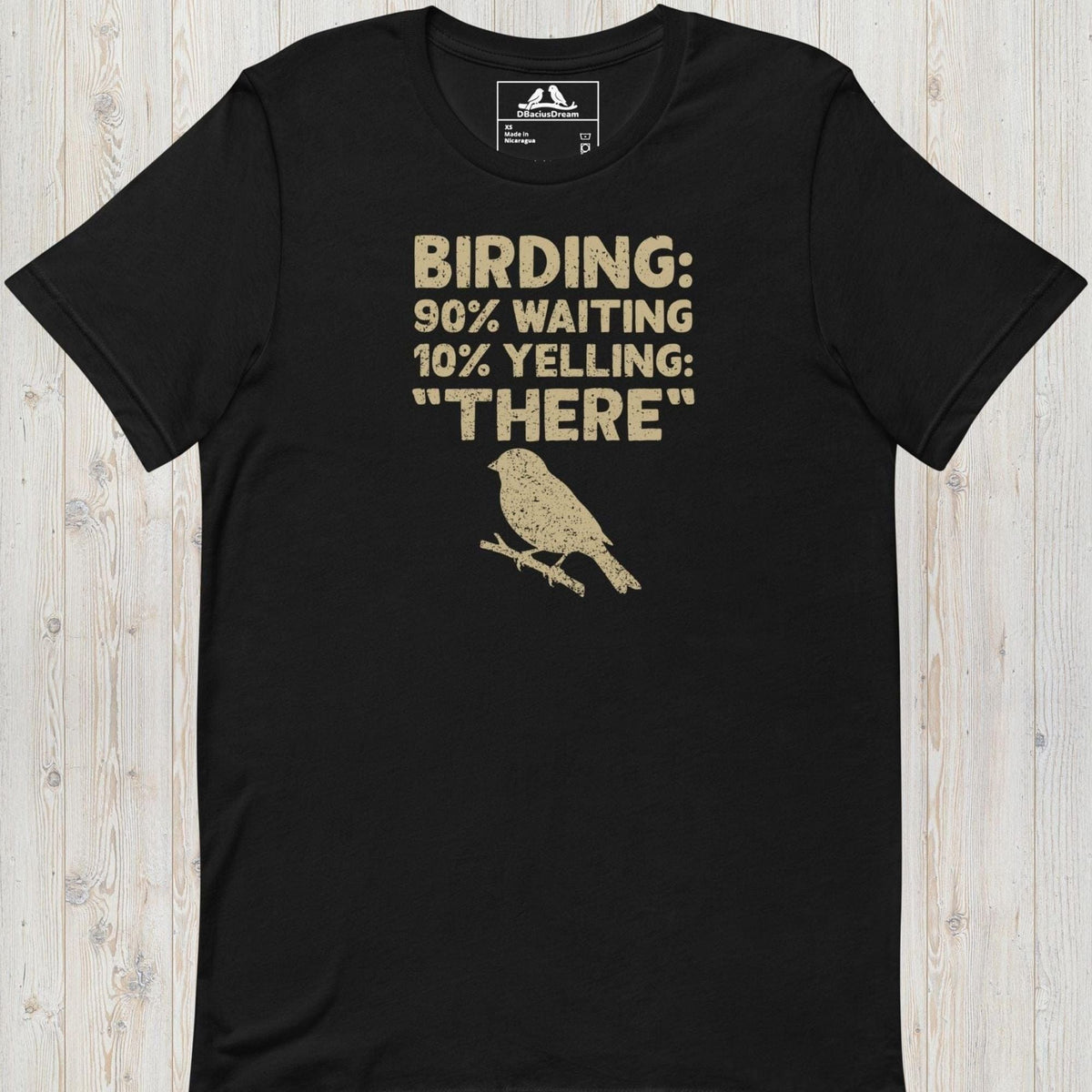 Black funny birdwatching t-shirt with bird silhouette and "Birding 90% Waiting 10% Yelling THERE" text