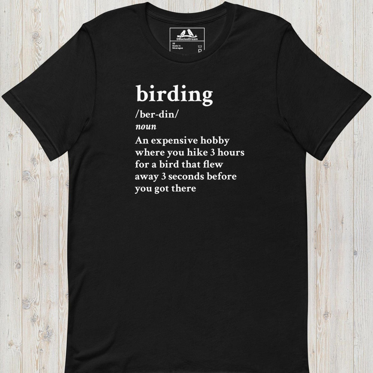 Black funny birding definition t-Shirt with dictionary-style birding quote in white text
