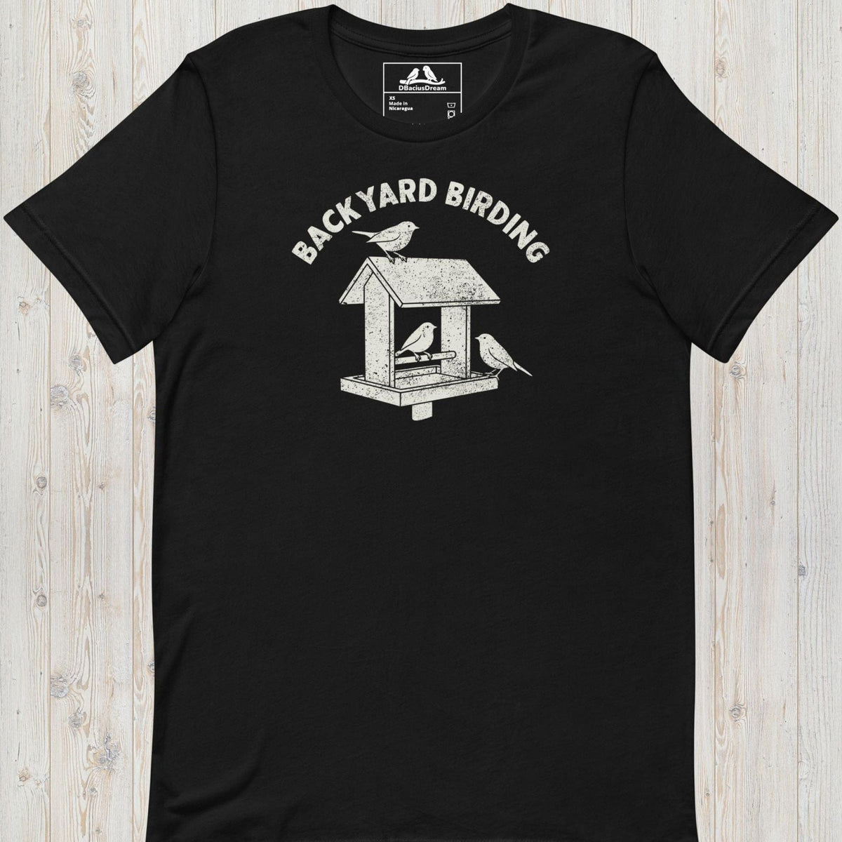 Black backyard birding t-shirt with a bird feeder graphic and birds