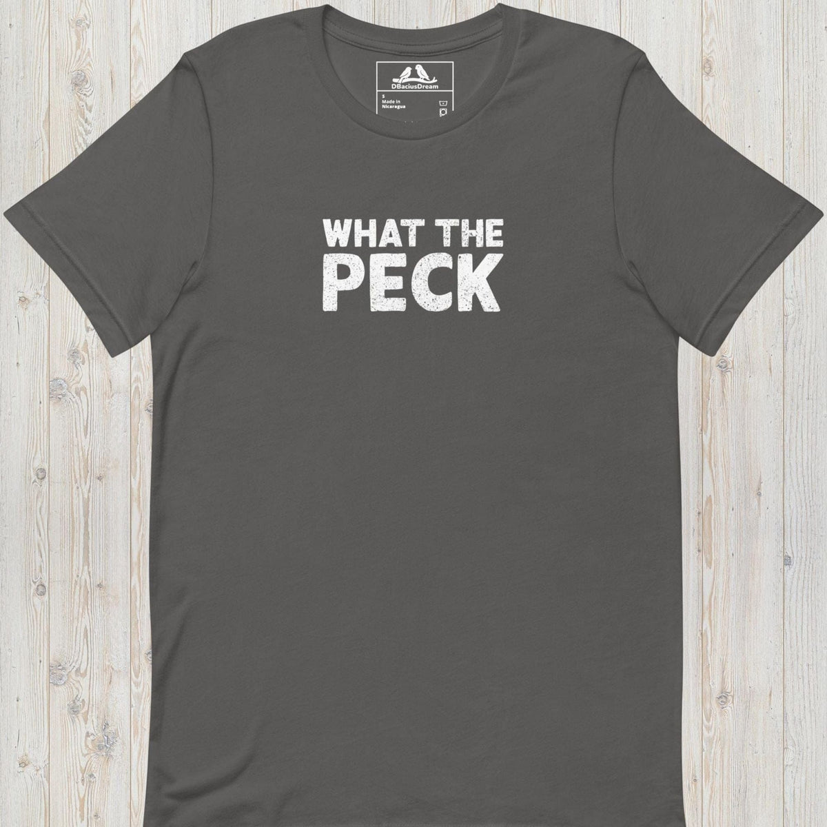 Gray bird pun t-shirt with "What The Peck" funny quote text design